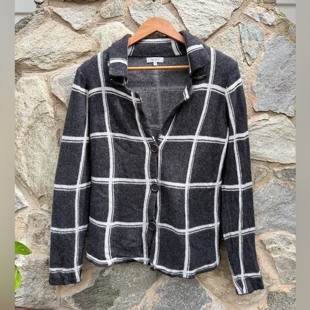 Bartolini Italian Grey Soft Wool Cashmere Windowpane Plaid Knit Cardigan medium